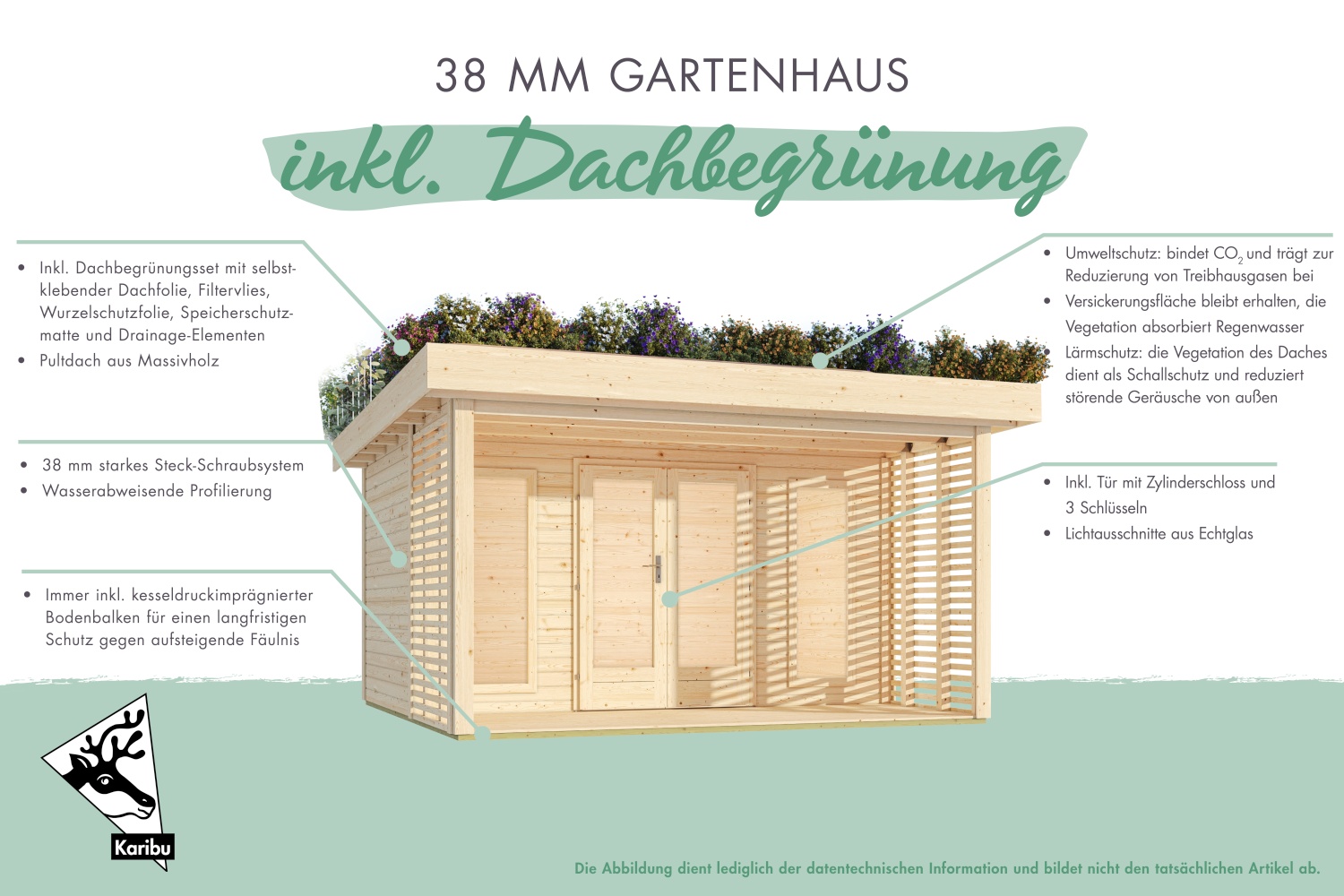 Gartenhaus Lotus für Dachbegrünung - 393x393 cm, 38 mm Holz naturbelassen, Karibu