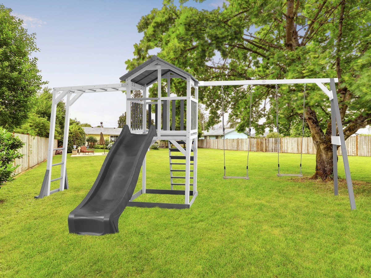 Spielturm Beach Tower Climbing & Double Swing grau/weiß mit Rutsche grau