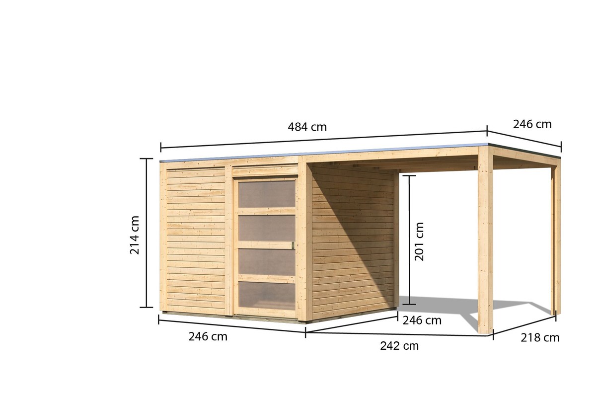 Gartenhaus Qubic 1 - 246x246 cm plus Anbaudach 2,40m, 19 mm Holz naturbelassen, Karibu