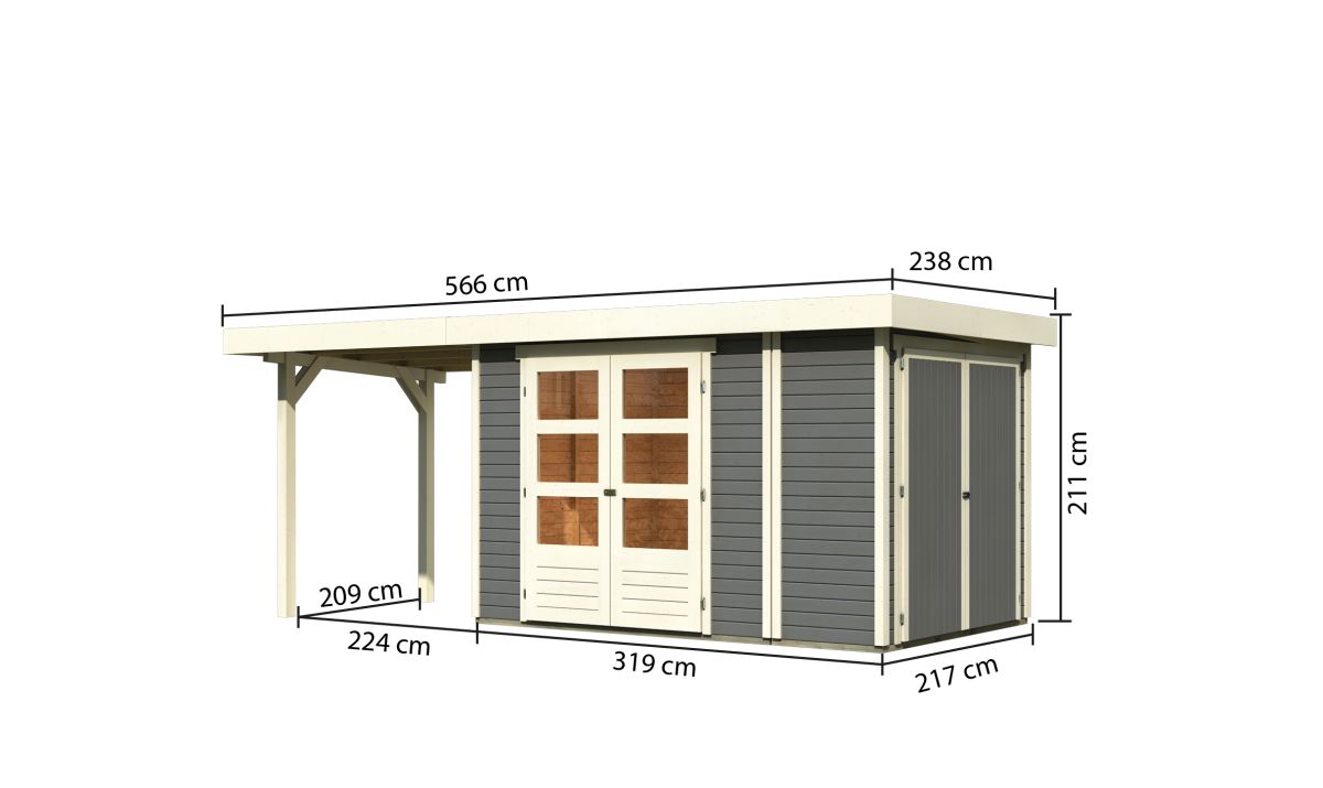 Gartenhaus Retola 3, 319x217 cm mit Anbauschrank und Anbaudach 2,40 m, 19 mm Holz terragrau, Karibu