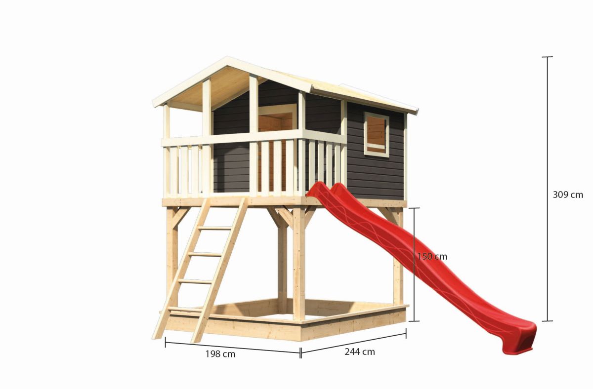 Stelzenhaus Benjamin terragrau mit Rutsche rot