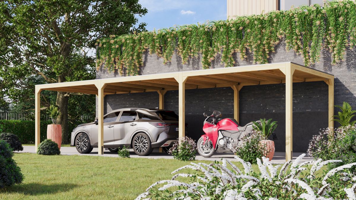 Pavillon Cubus mit 2 Verlängerungen - 934x320 cm, Leimholz natur, Karibu