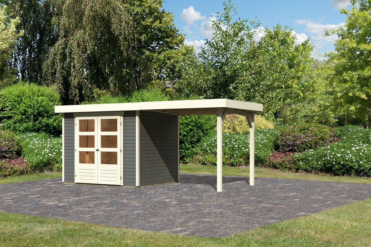 Gartenhaus Askola 3 - 242x217 cm, 19 mm Holz terragrau mit Anbaudach 2,40m, Karibu