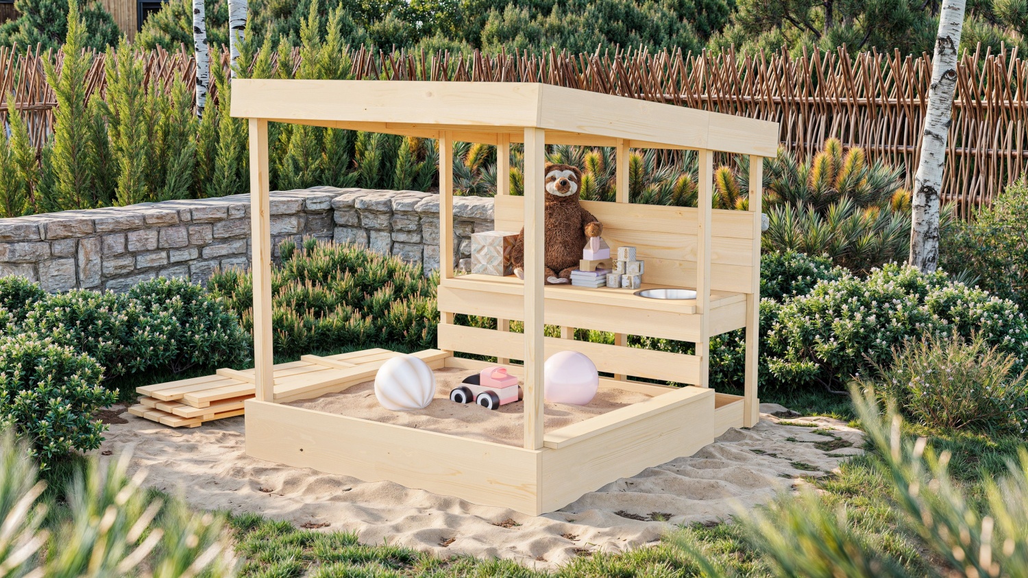 Sandkasten Max mit Dach und Matschküche, naturbelassen, Karibu