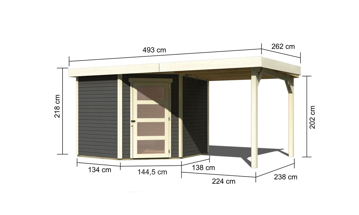 Gartenhaus Schwandorf 5, 242 x 246 cm inkl. Anbaudach 2,40 m, 19 mm Holz terragrau, Karibu