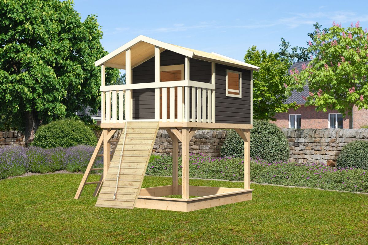 Stelzenhaus Benjamin terragrau mit Holzrampe