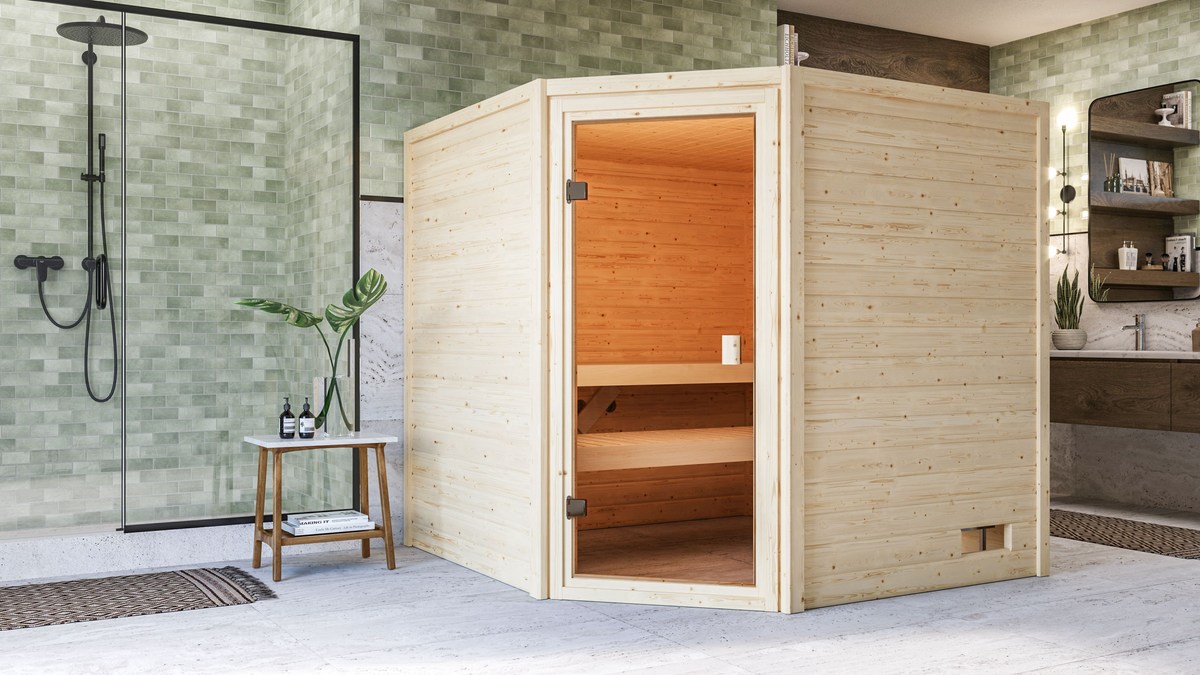 Aktionssauna Valida 4 - 195x195 cm, 38 mm Massivholz, Eckeinstieg|ohne Fenster|ohne Ofen