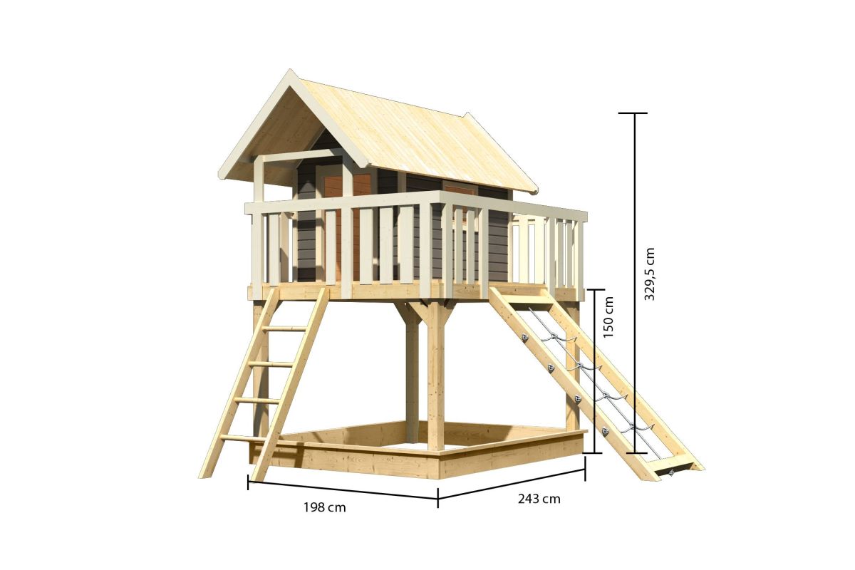Stelzenhaus FIDEL terragrau, Set mit Netzrampe, Karibu