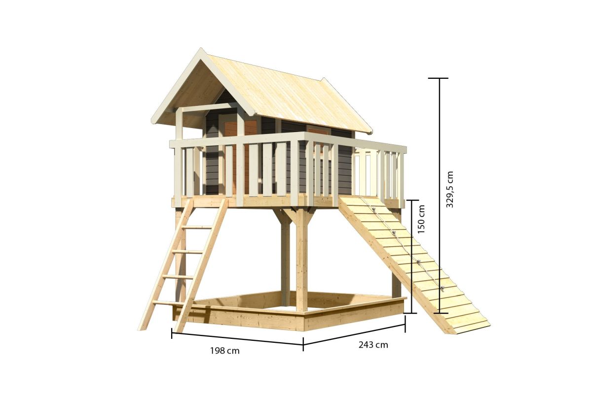 Stelzenhaus FIDEL terragrau, Set mit Holzrampe, Karibu
