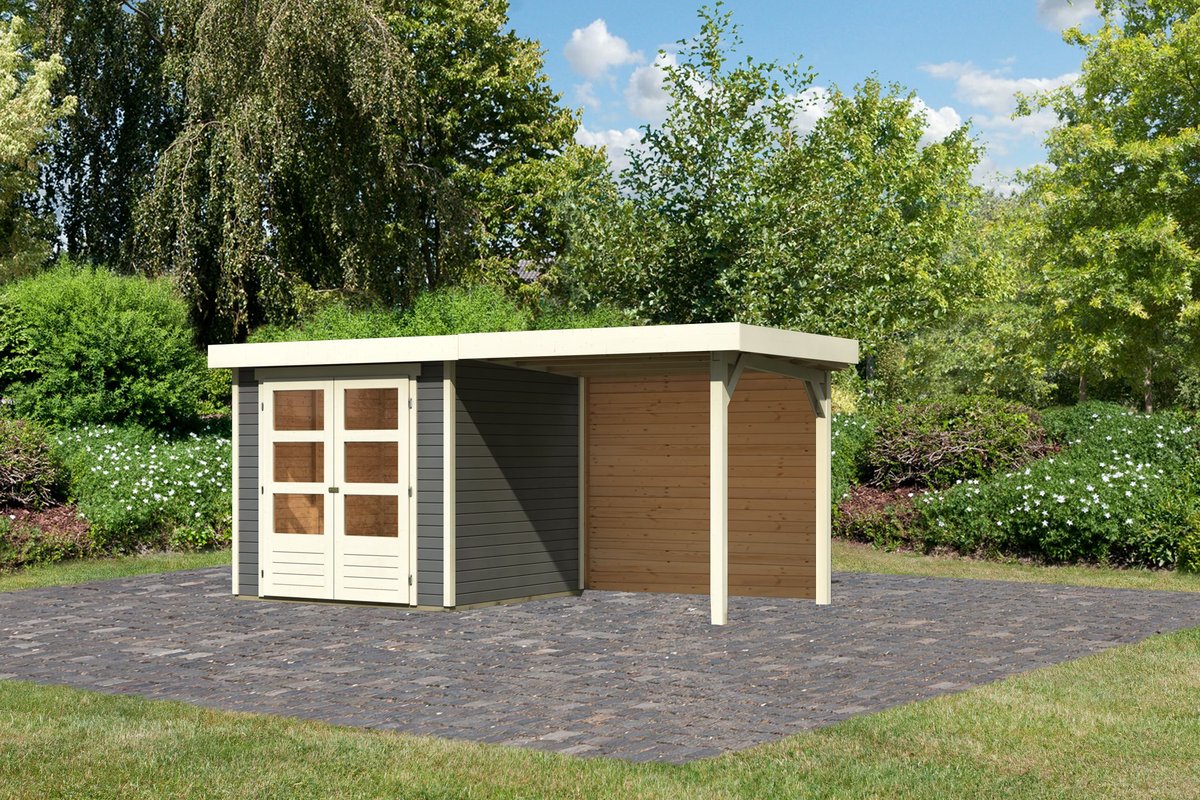 Gartenhaus Askola 2  - 213x217 cm mit Anbaudach 2,40m und Rückwand, 19 mm terragrau, Karibu