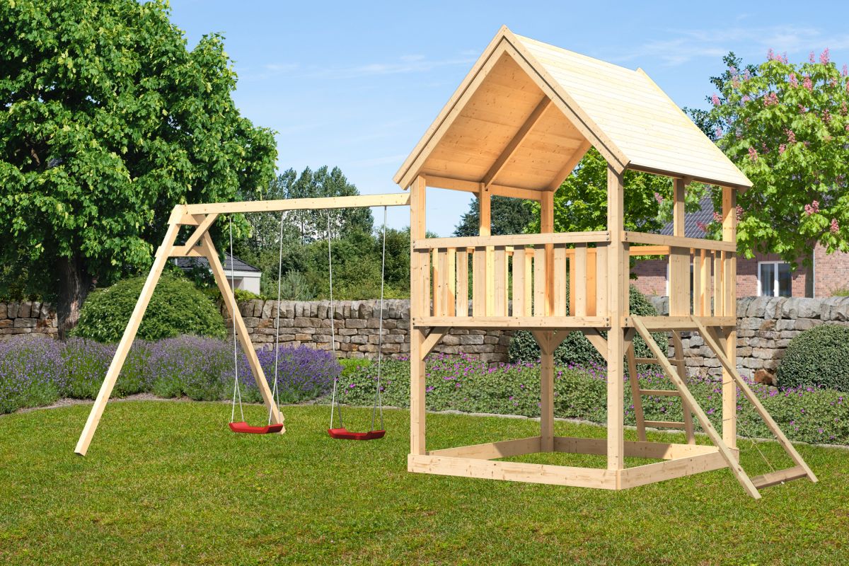 Spielturm Luis natur, SET mit Netzrampe und Doppelschaukel, Karibu