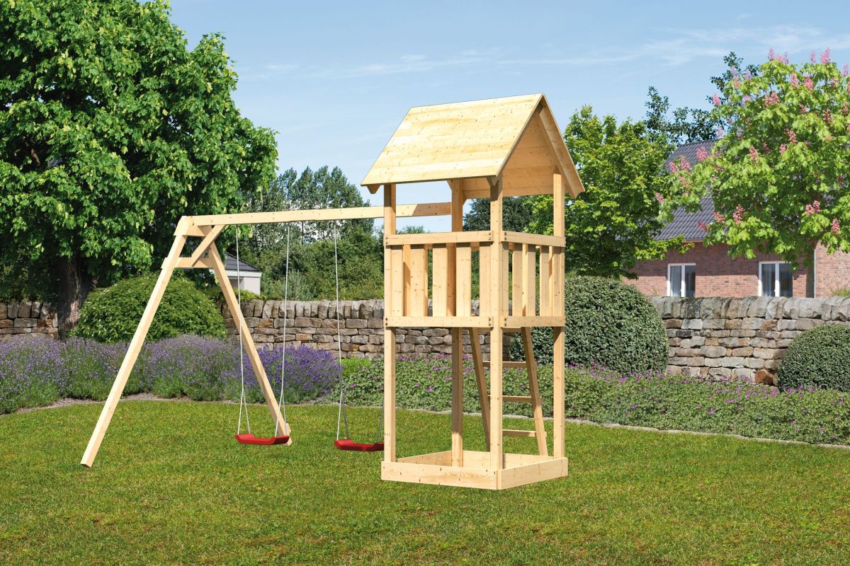 Spielturm Lotti naturbelassen, Set mit Doppelschaukel-Anbau