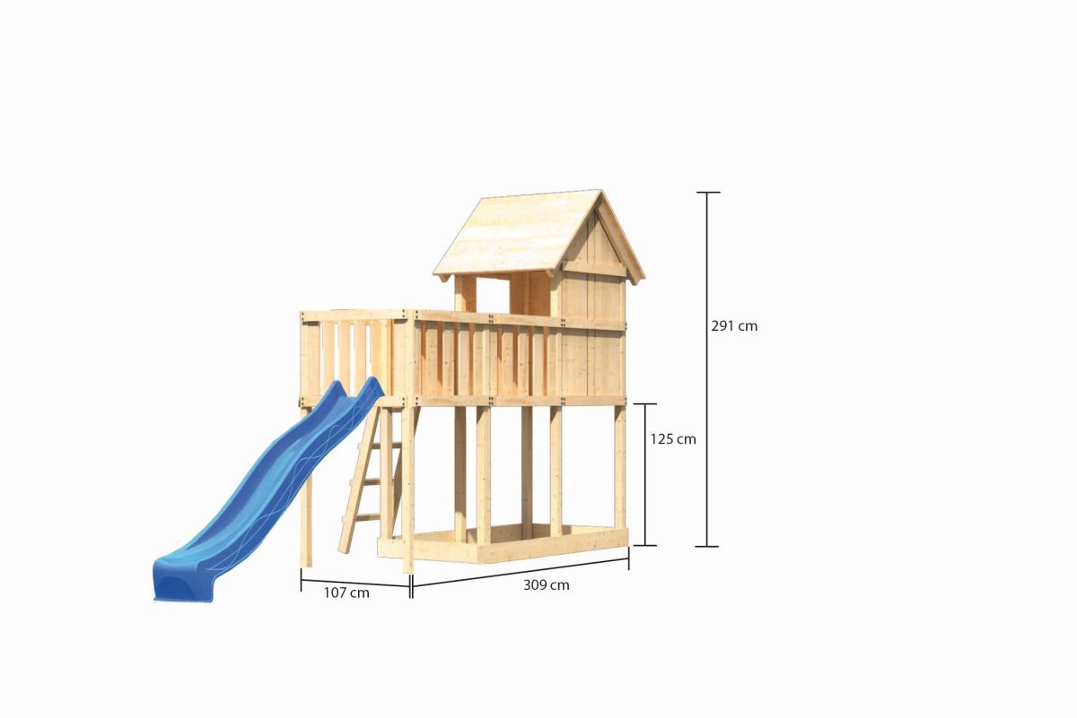 Stelzenhaus Frieda naturbelassen, Set mit Anbauplattform und Rutsche blau