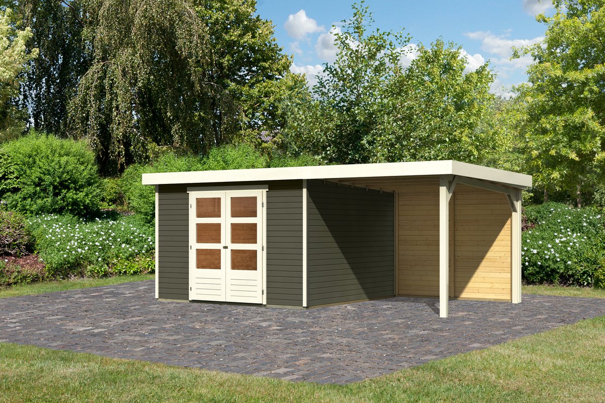 Gartenhaus Askola 6 -302x306 cm mit Anbaudach 2.40m und Rückwand, 19 mm terragrau, Karibu