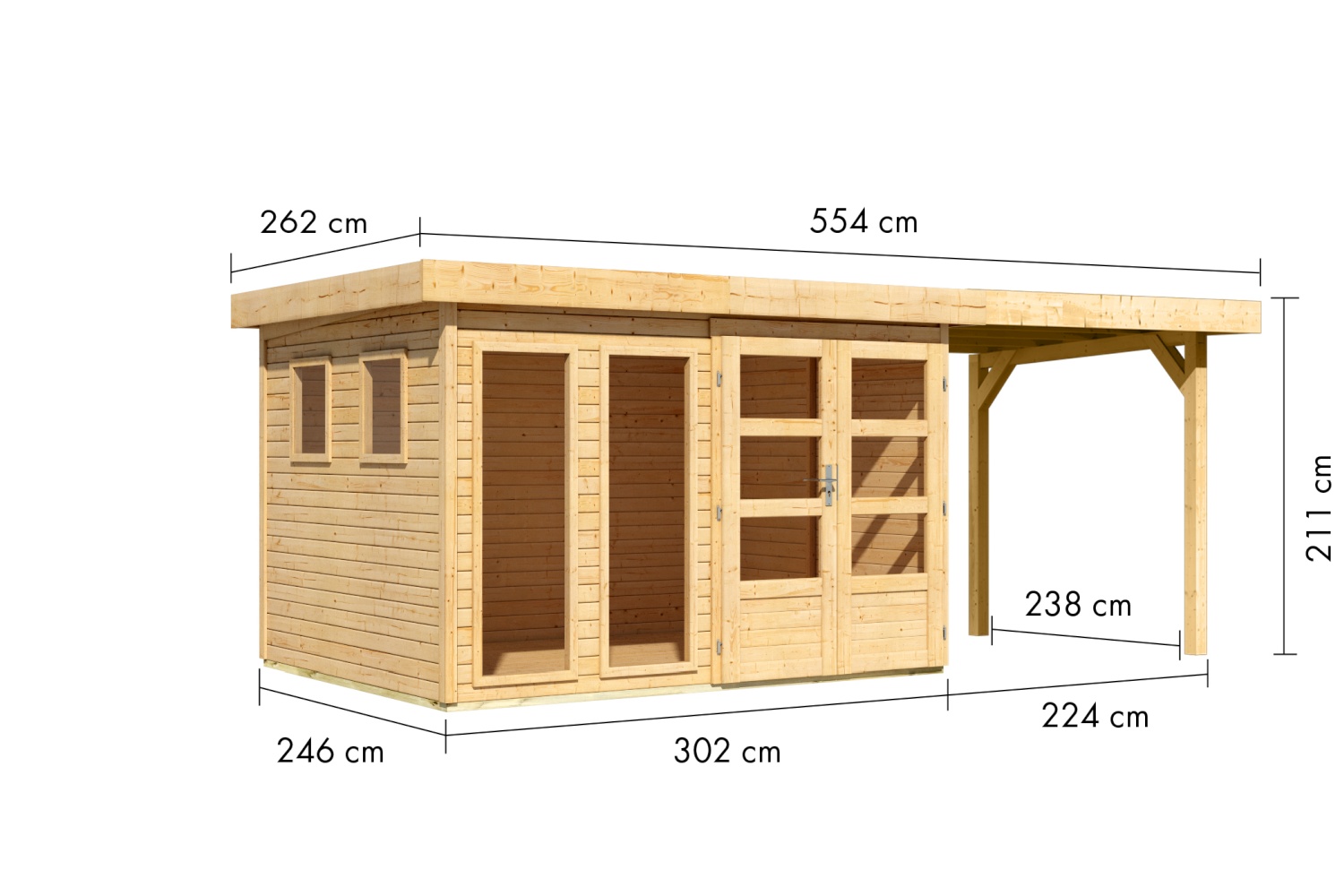 Gartenhaus Lahar 5 - 302x246 cm plus 2,40 m Anbaudach, 19 mm Holz naturbelassen, Karibu
