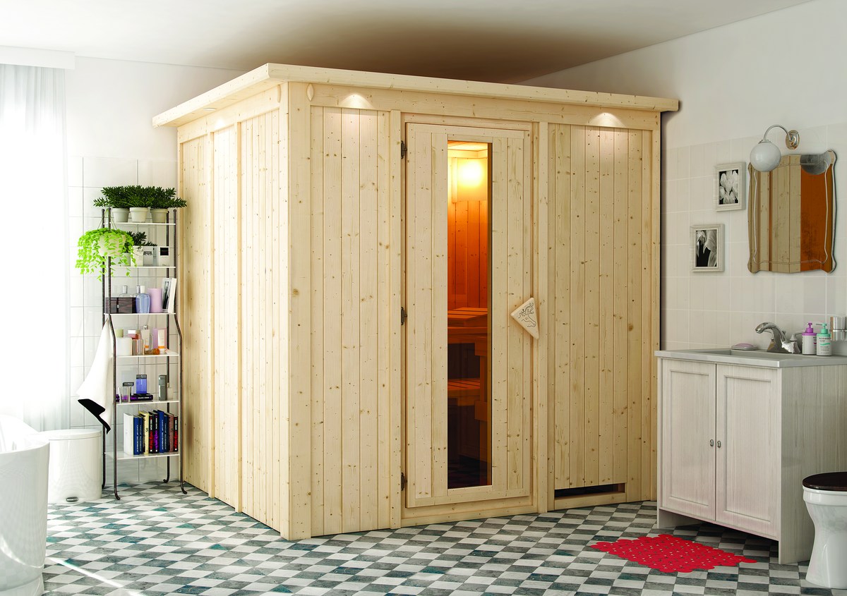 Energiesparsauna Eupin GREEN POWER - 196x170 cm, 68 mm Karibu Systemsauna mit Dachkranz|ohne Ofen Energiesparsauna Eupin GREEN POWER - 196x170 cm, 68 mm Karibu Systemsauna mit Dachkranz|ohne Ofen