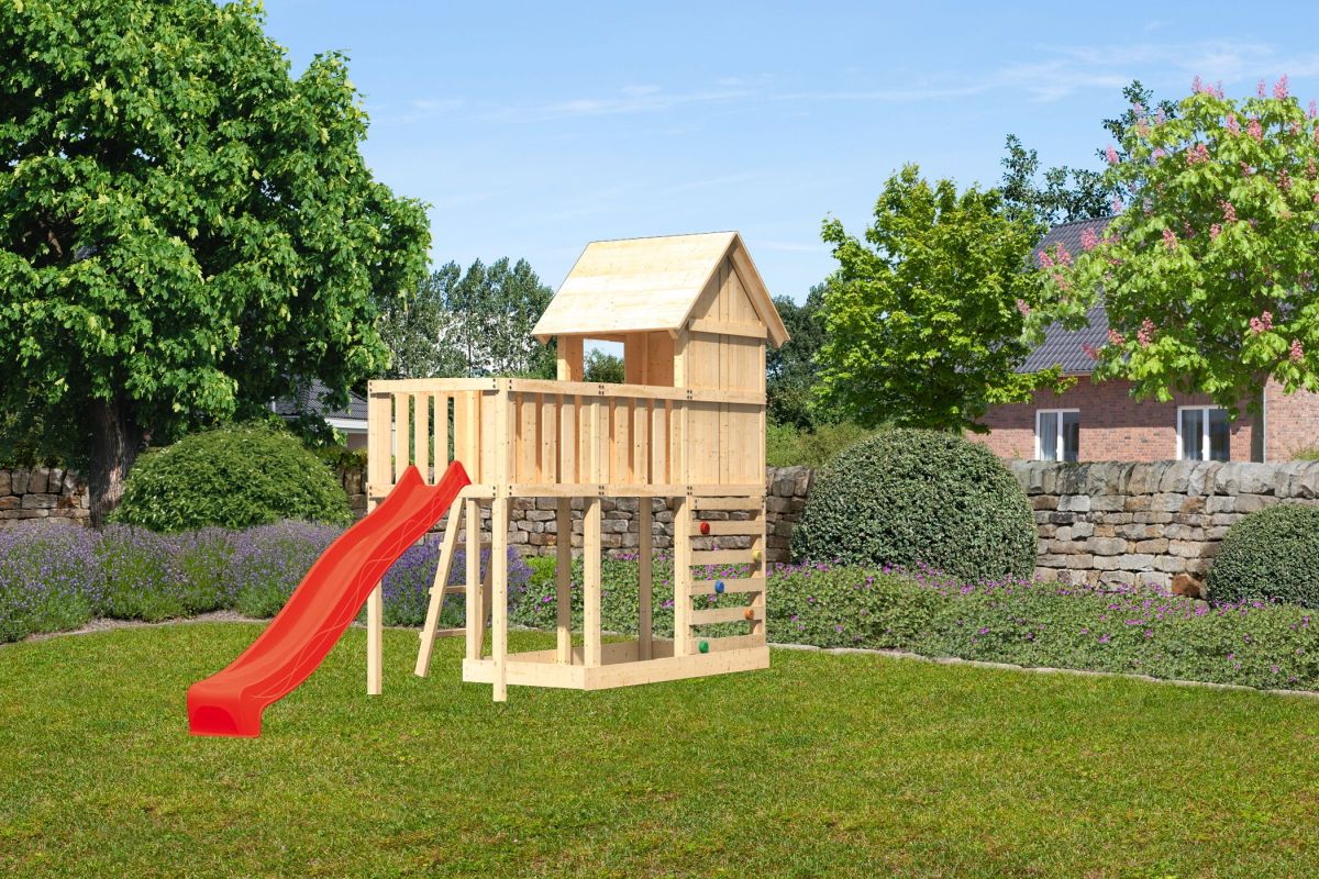 Stelzenhaus Frieda naturbelassen, Set mit Plattform, Kletterwand und Rutsche rot
