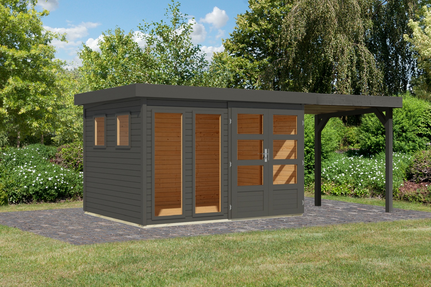 Gartenhaus Lahar 5 - 302x246 cm plus 2,40 m Anbaudach, 19 mm Holz terragrau, Karibu