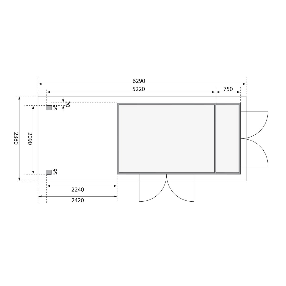 Gartenhaus Retola 5, 377x217 cm mit Anbauschrank und Anbaudach 2,40 m, 19 mm Holz terragrau