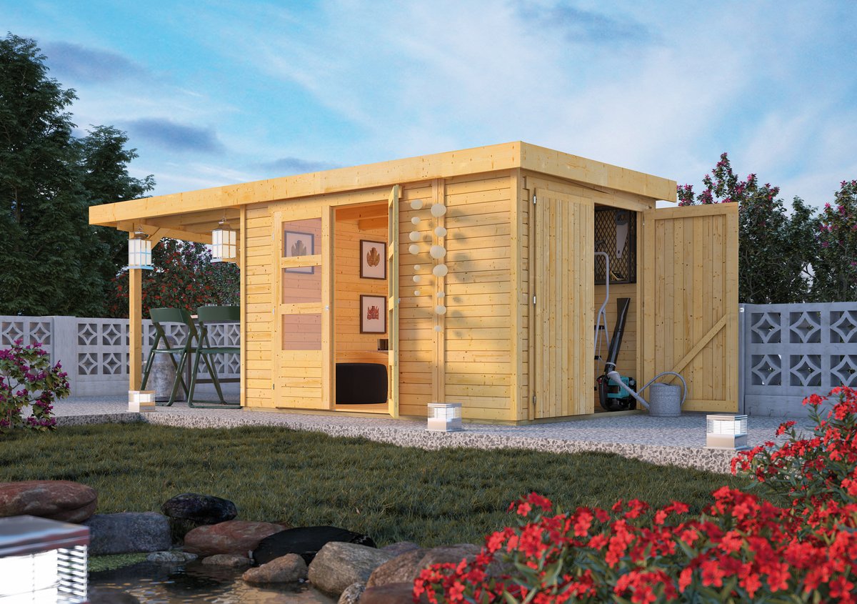 Gartenhaus Retola 3, 319x217 cm mit Anbauschrank und Anbaudach 2,40 m, 19 mm Holz naturbelassen, Karibu