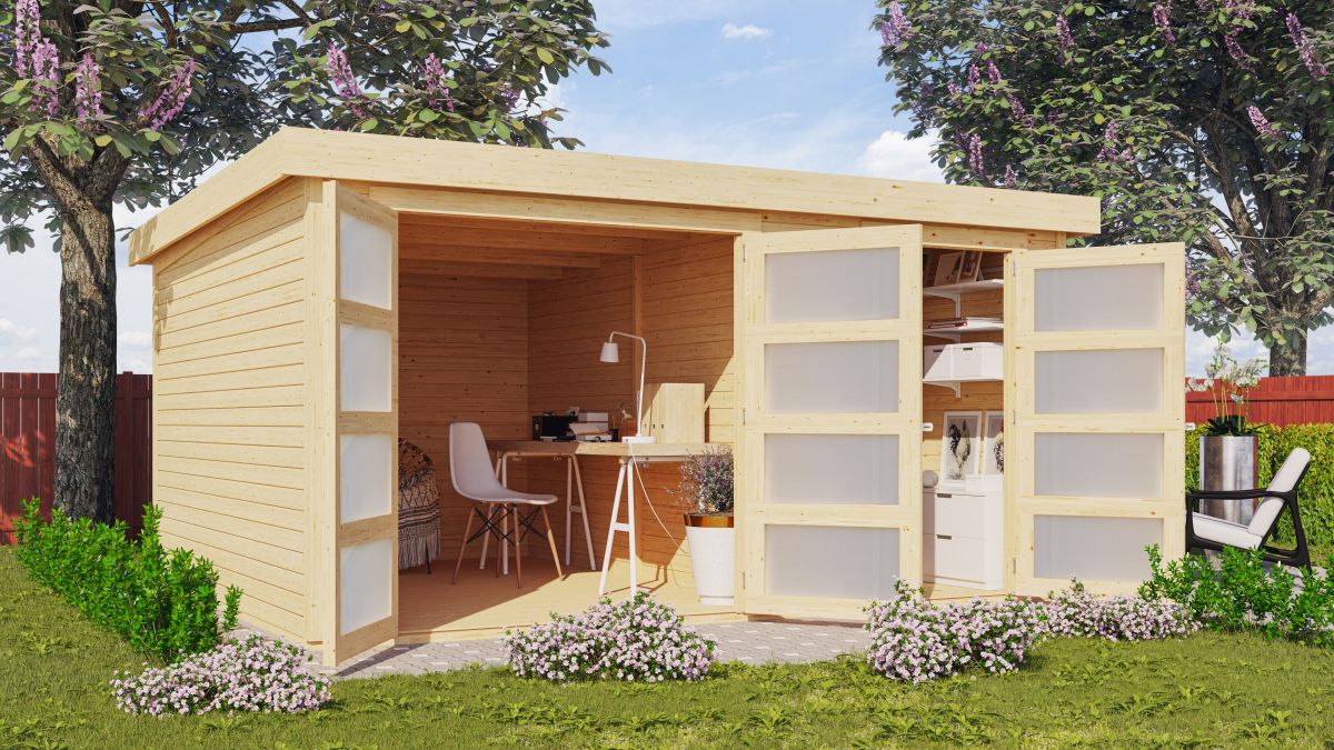 Mittelwandhaus Mühlentrup 3 - 404x332 cm, 19 mm Holz naturbelassen, Karibu