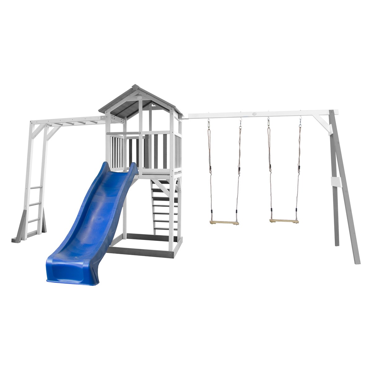 Spielturm Beach Tower Climbing & Double Swing grau/weiß mit Rutsche blau