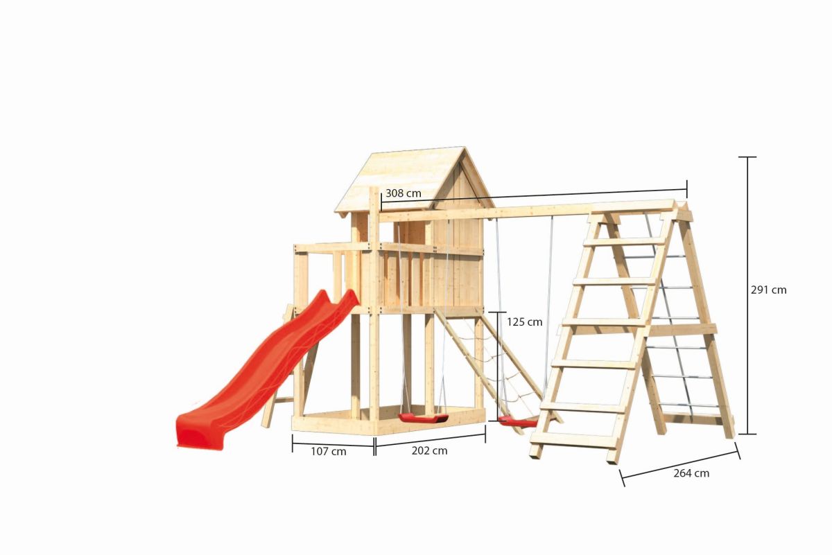 Stelzenhaus Frieda naturbelassen, Set mit Kletterschaukel, Netzrampe und Rutsche rot