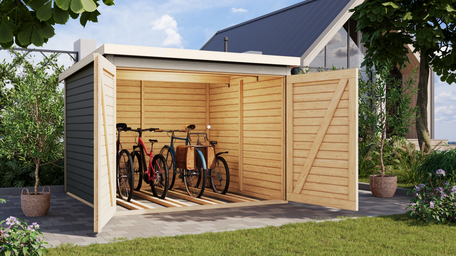Fahrradgarage 4 - 213x217 cm, 19 mm Holz terragrau, Karibu