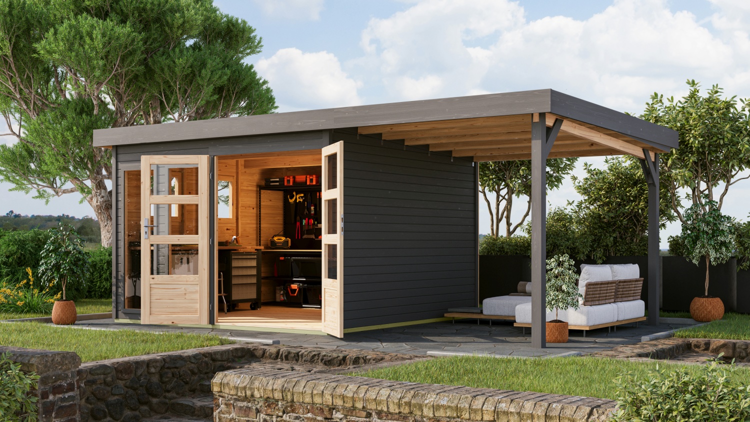 Gartenhaus Lahar 6 - 302x306 cm plus 2,40 m Anbaudach, 19 mm Holz terragrau, Karibu