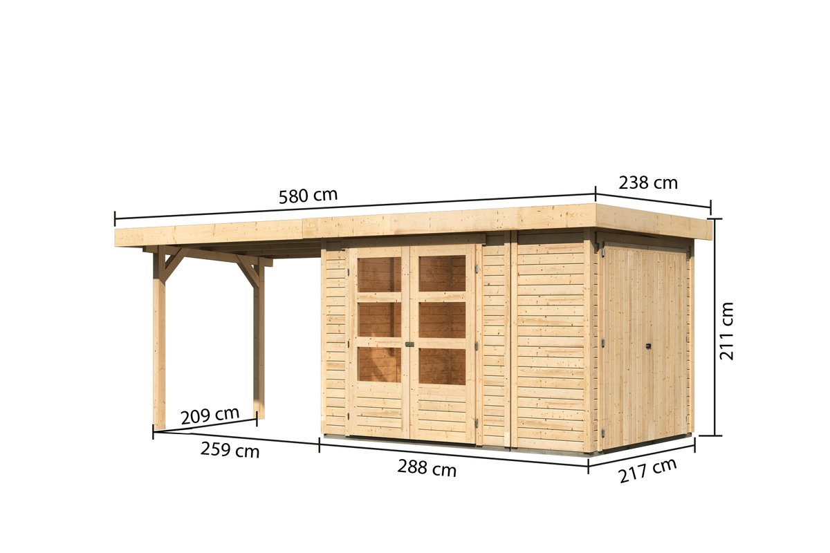 Gartenhaus Retola 2, 288x217 cm mit Anbauschrank und Anbaudach 2,80 m, 19 mm Holz naturbelassen,