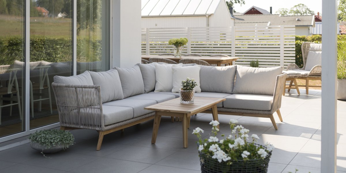 Himmelsnäs Ecksofa Teak/Polyrattan-Geflecht beige, inkl. Kissen