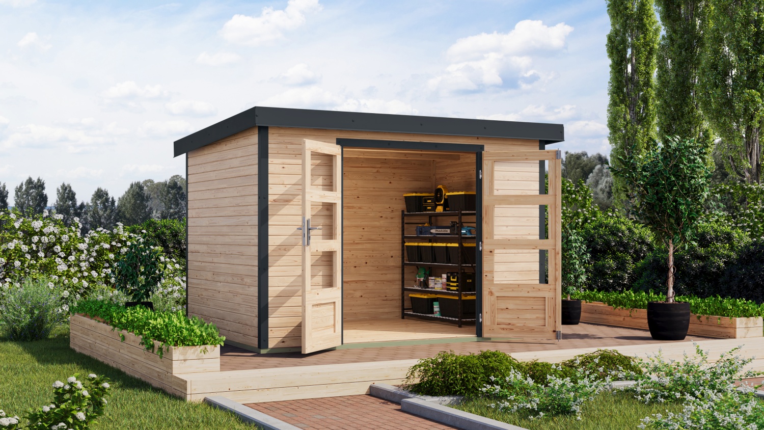 Hybrid-Gartenhaus Jupiter 4A - 298x213 cm, 19mm naturbelassen/anthrazit