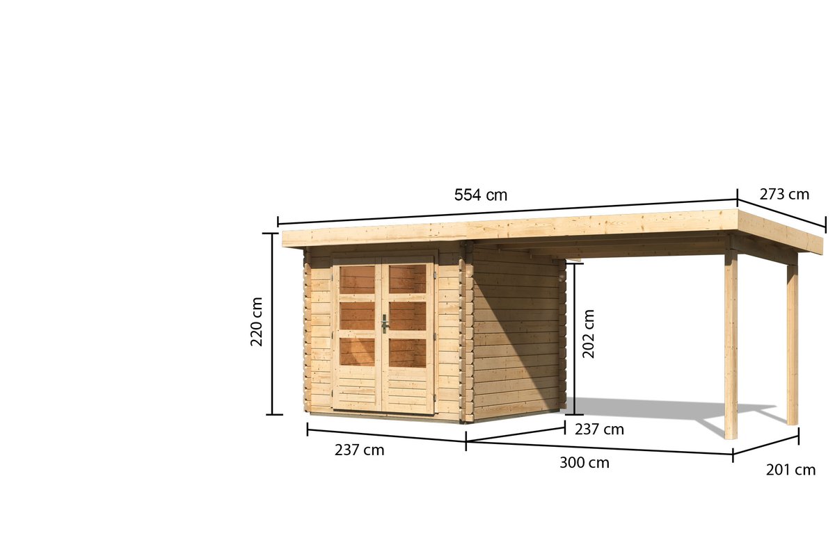 Gartenhaus Bastrup 2 - 519x237 cm mit Anbaudach 3,00 m, 28 mm Holz naturbelassen, Karibu