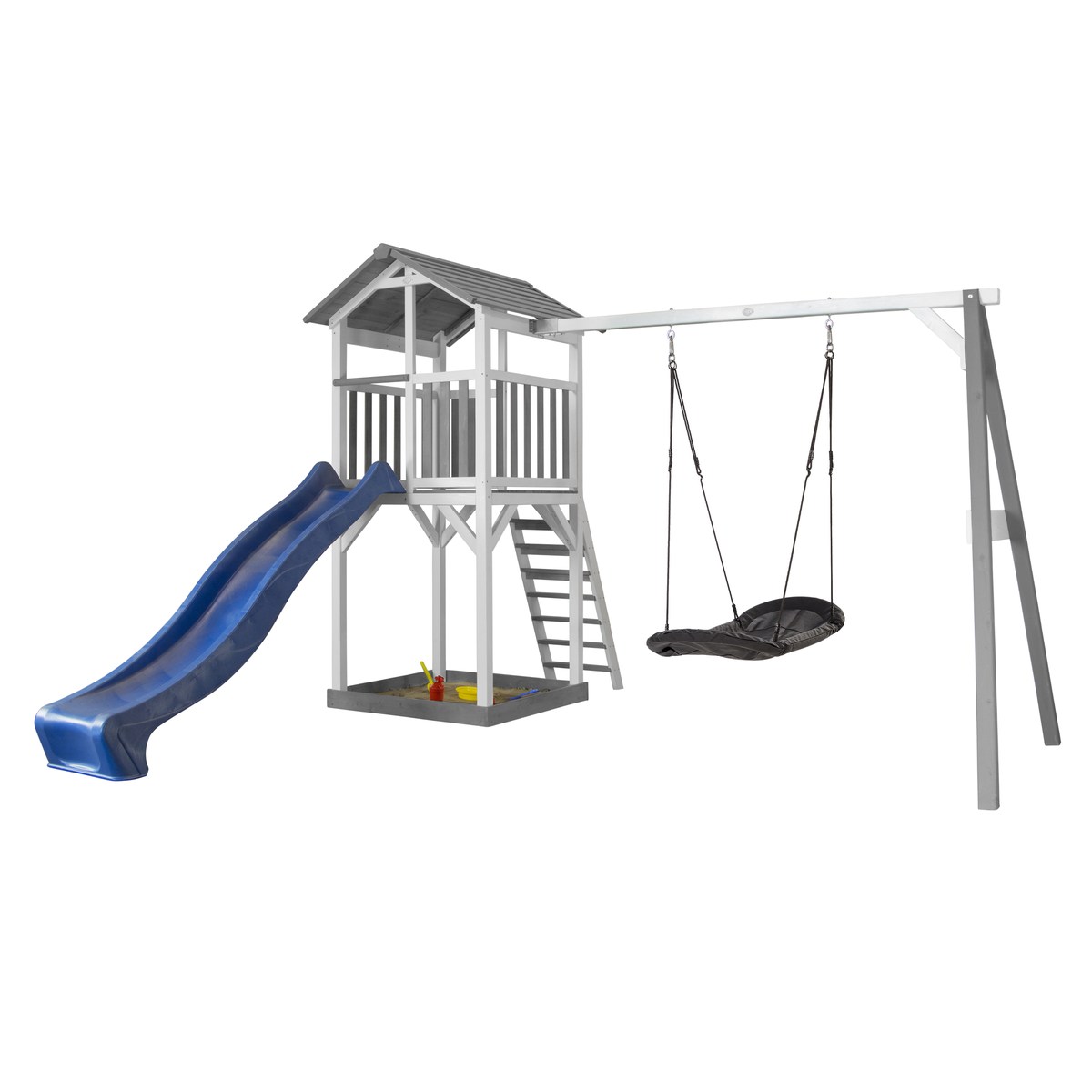 Spielturm Beach Tower Roxy Nest Swing grau/weiß mit Rutsche blau