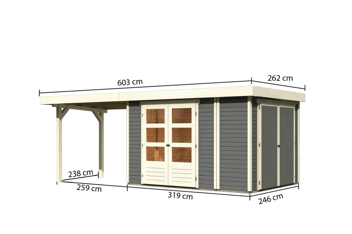 Gartenhaus Retola 4, 319x246 cm mit Anbauschrank und Anbaudach 2,80 m, 19 mm Holz terragrau