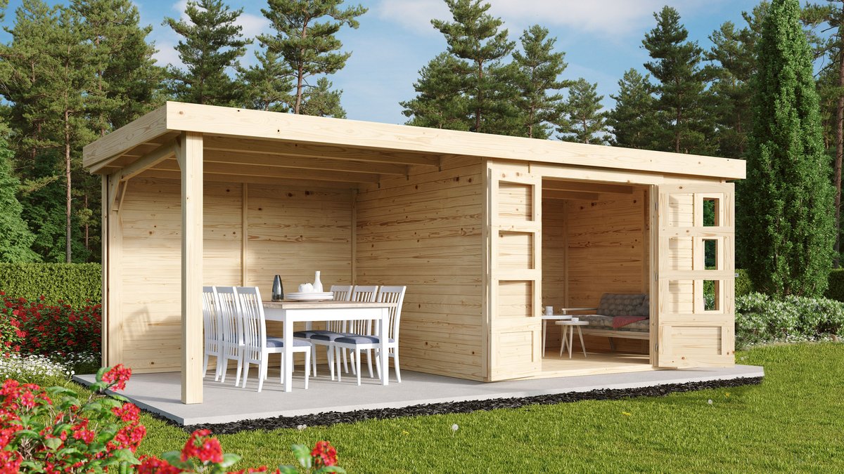 Gartenhaus Kerko 5 - 302 x 246 cm inkl. Anbaudach 2,40 m mit Rückwand, 19 mm Holz naturbelassen