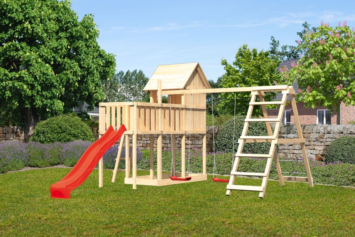 Stelzenhaus Frieda naturbelassen, Set mit Plattform, Kletterschaukel und Rutsche rot