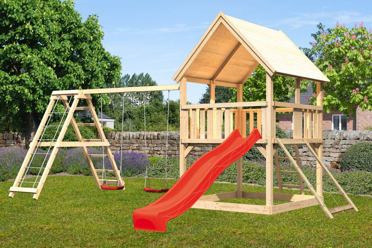 Spielturm Luis natur, SET mit Netzrampe, Kletterschaukel und Rutsche rot