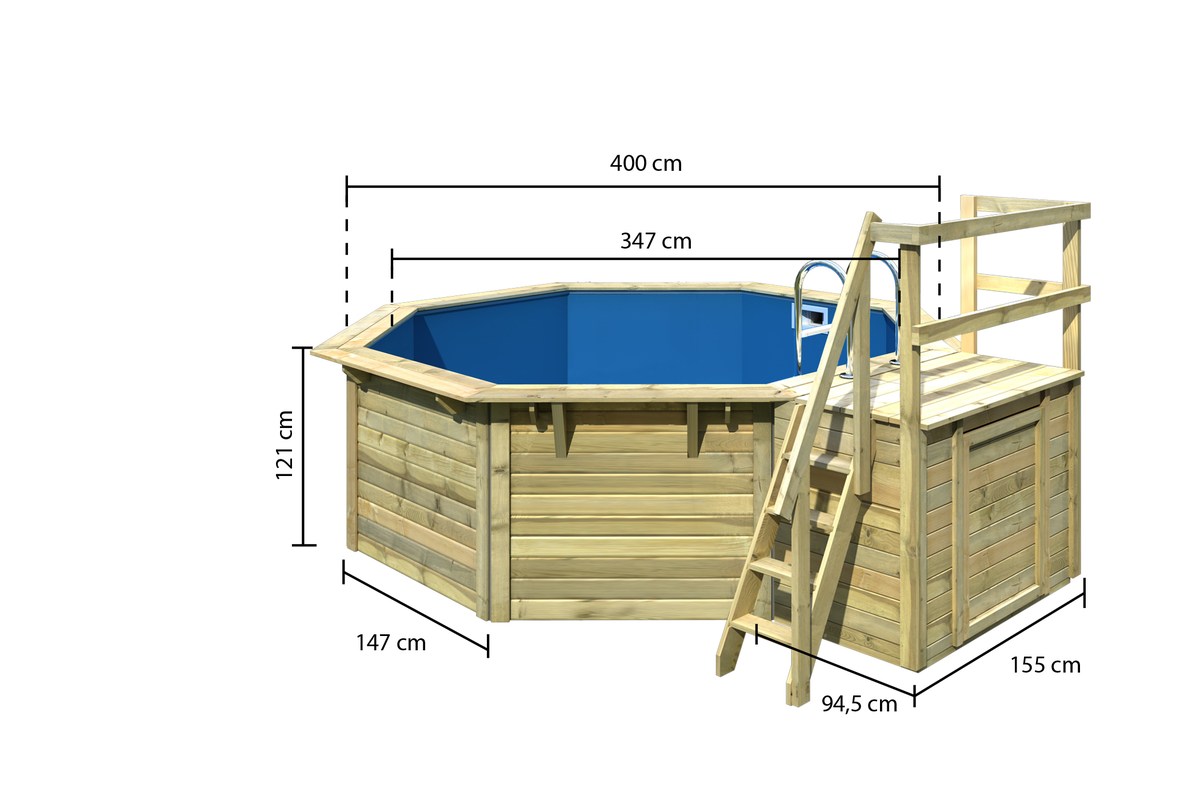 Achteck-Pool X1 400x400 cm mit Terrasse, Holz kdi/Folie blau, Karibu