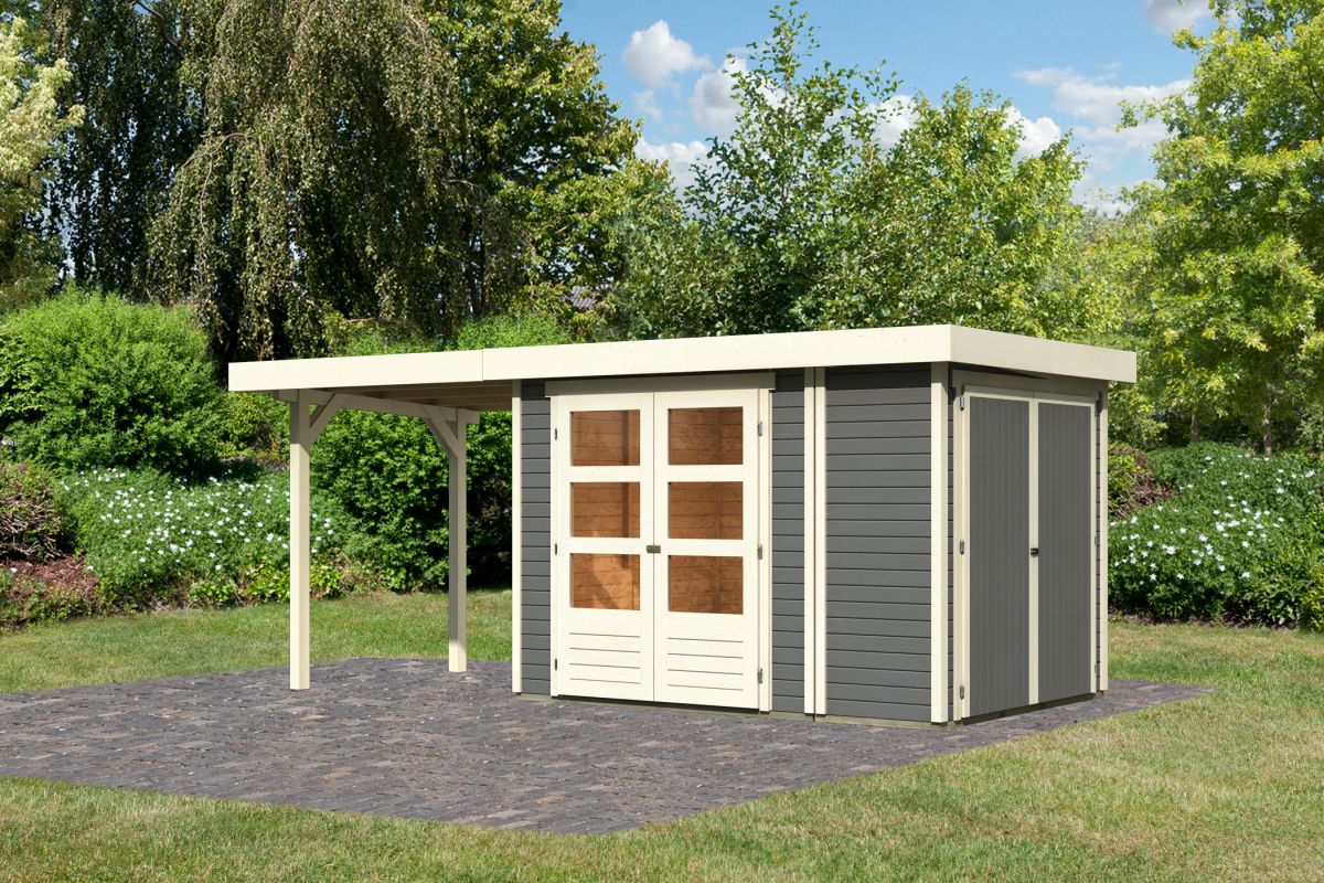 Gartenhaus Retola 2, 288x217 cm mit Anbauschrank und Anbaudach 2,40 m, 19 mm Holz terragrau