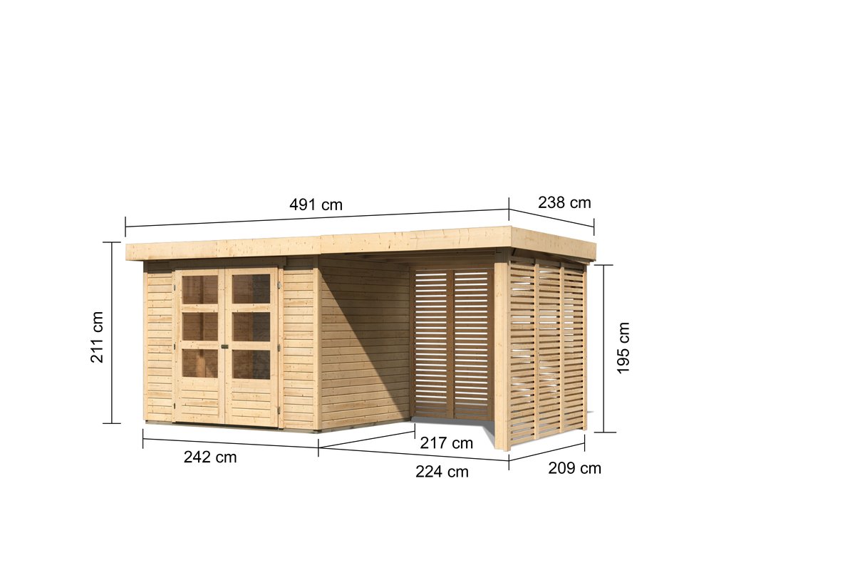 Gartenhaus Askola 3 - 242x217 cm, 19 mm naturbelassen mit Anbaudach 2,40m und Lamellenwänden, Karibu