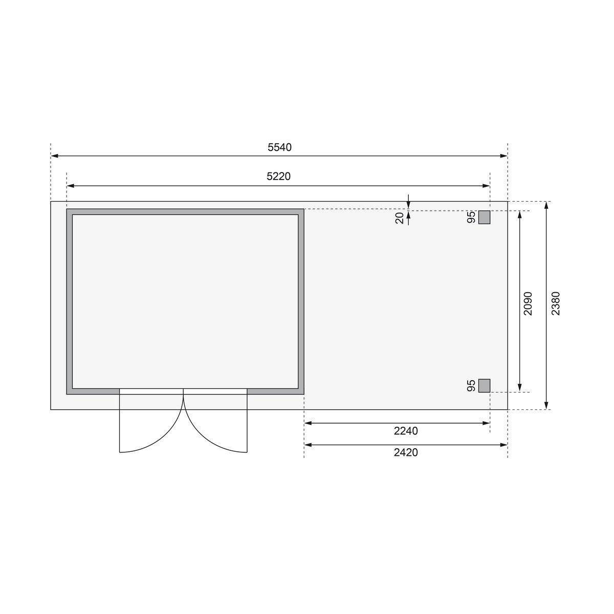 Gartenhaus Askola 4 - 302x217 cm plus Anbaudach 2,40m mit Wänden, 19 mm naturbelassen, Karibu