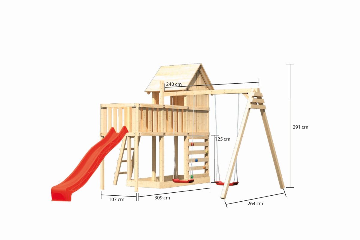 Stelzenhaus Frieda natur, Set mit Plattform, Doppelschaukel, Kletterwand und Rutsche rot