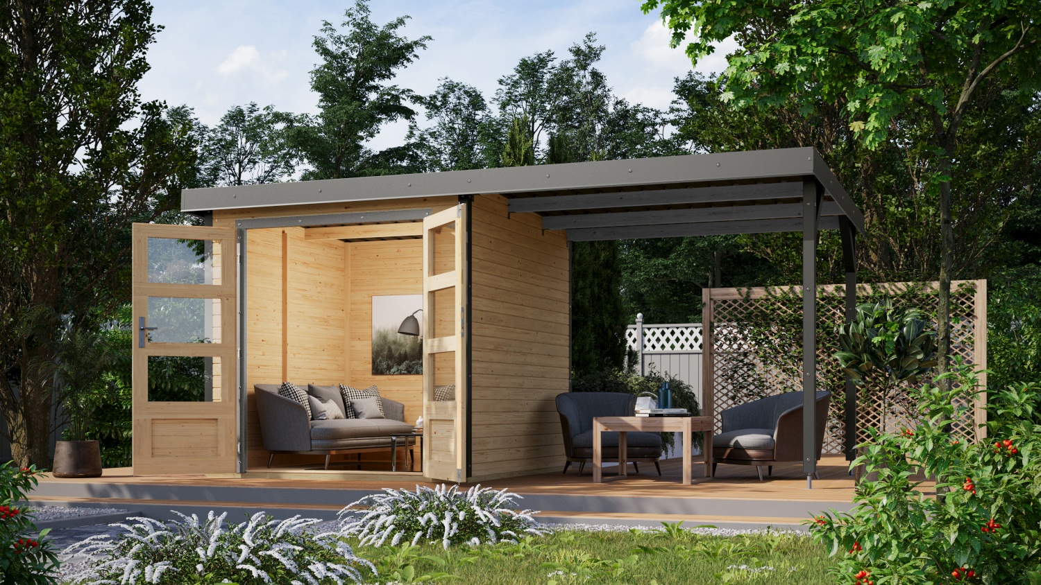 Hybrid-Gartenhaus Jupiter 2B - 209x213 cm plus 2,35 m Anbaudach, 19mm naturbelassen/graualuminium