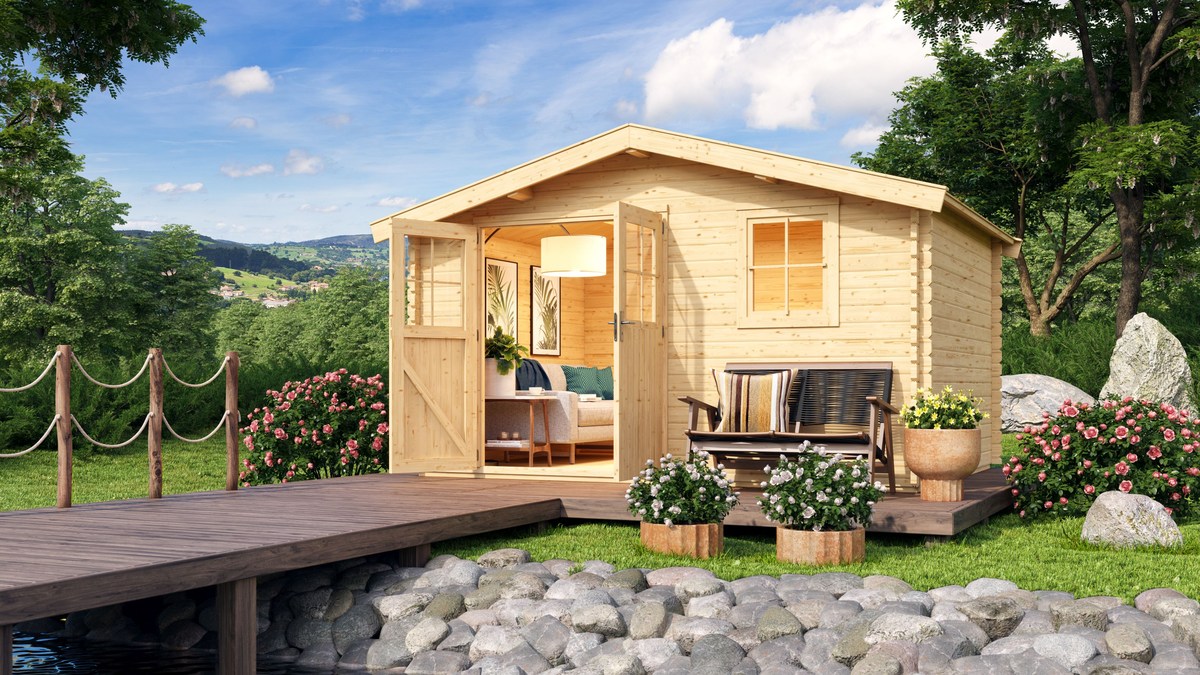 Blockbohlenhaus Felsenau 5 - 372x282 cm, 38 mm naturbelassen, Karibu