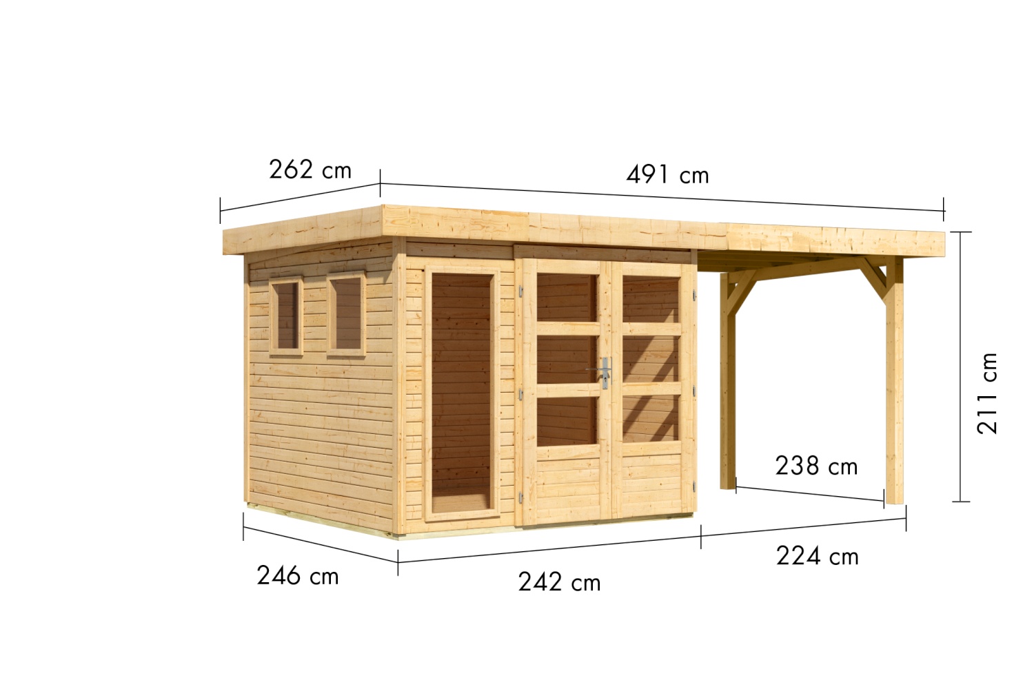 Gartenhaus Lahar 3,5, 242x246 cm plus 2,40 m Anbaudach, 19 mm Holz naturbelassen, Karibu