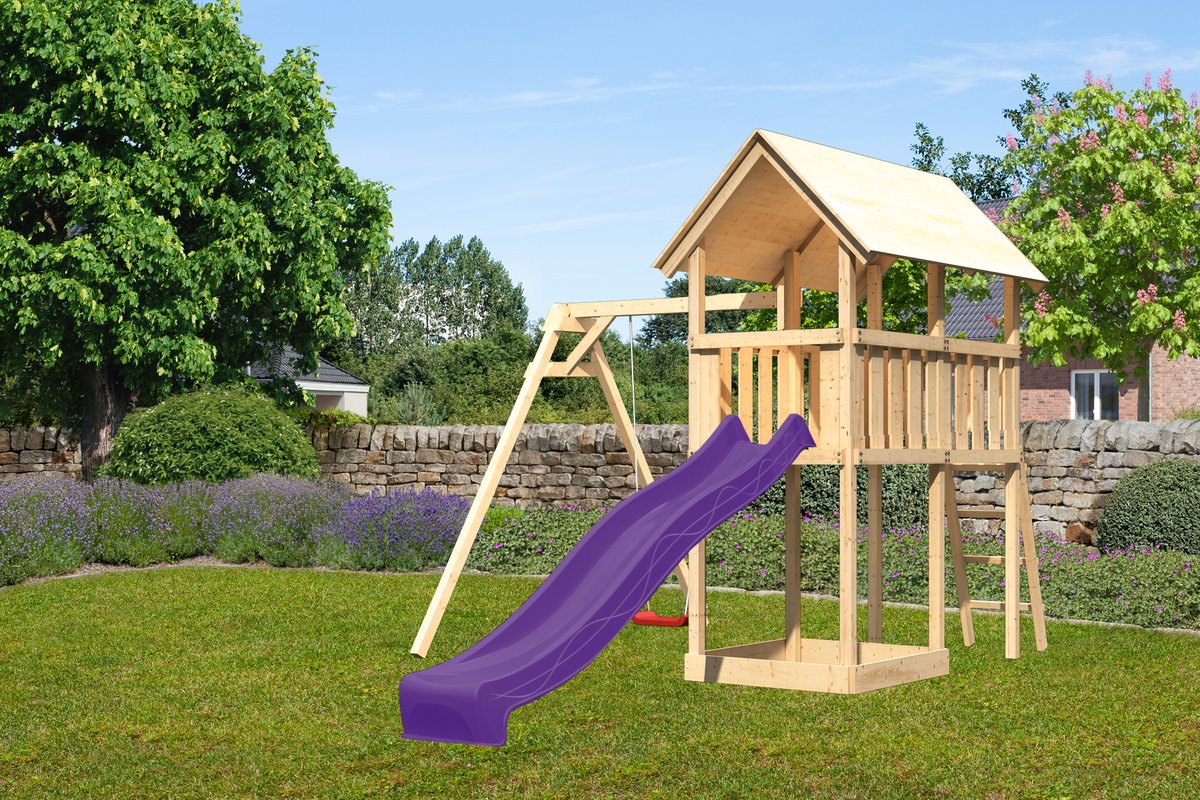 Spielturm Danny naturbelassen, Set mit Einzelschaukel und Rutsche violett