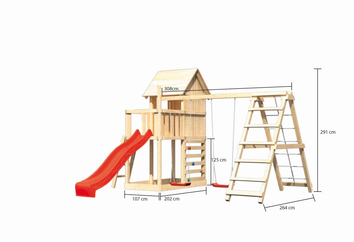 Stelzenhaus Frieda naturbelassen, Set mit Kletterschaukel, Kletterwand und Rutsche rot