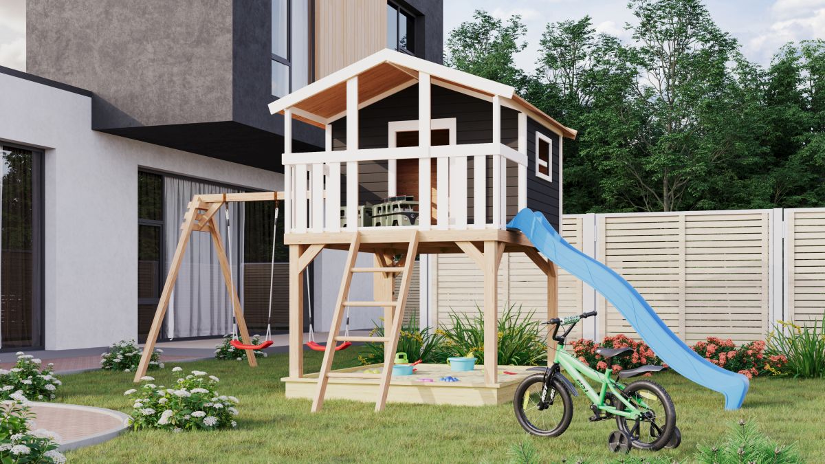 Stelzenhaus Benjamin terragrau mit Doppelschaukel und Rutsche blau