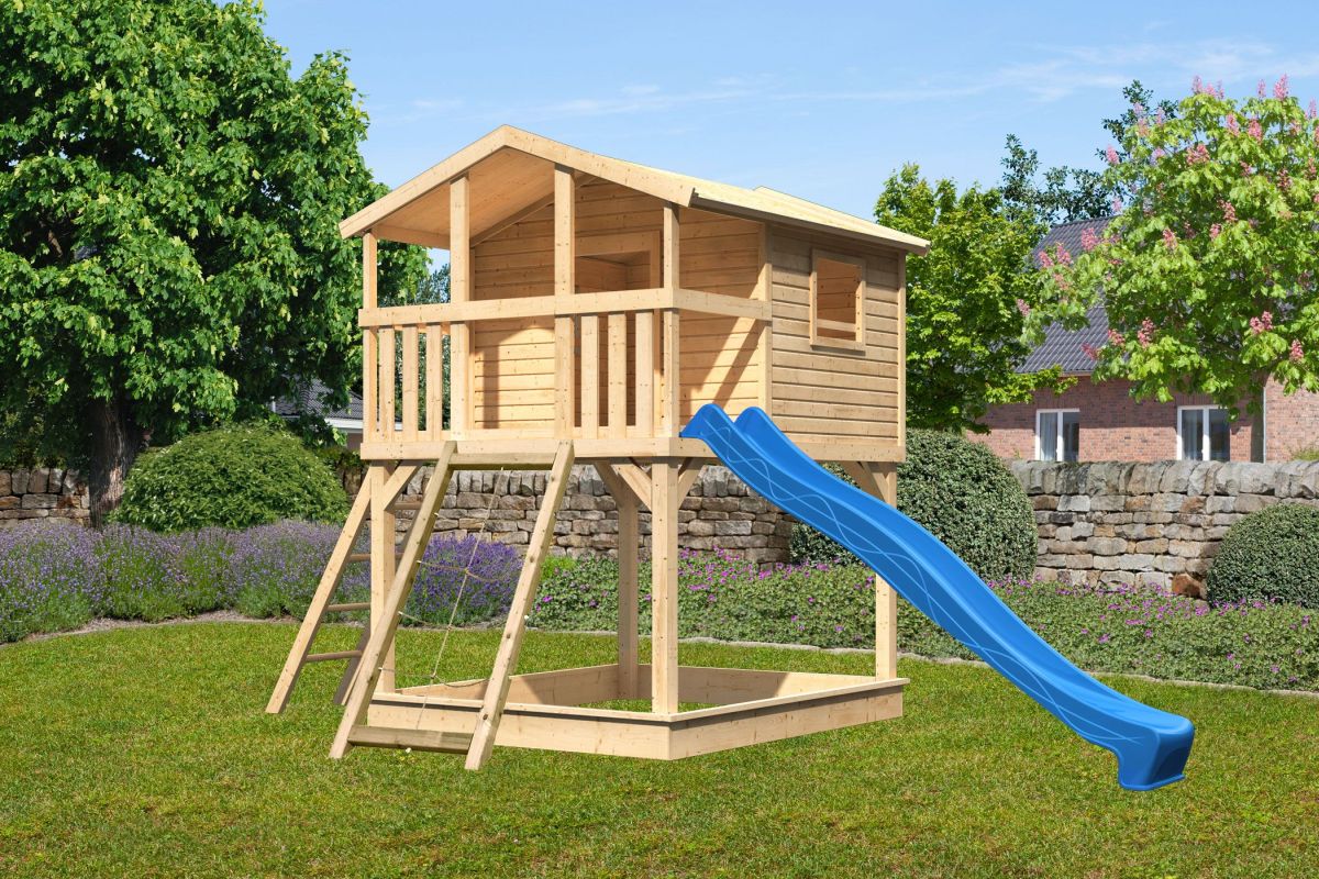 Stelzenhaus Benjamin naturbelassen mit Rutsche blau und Netzrampe